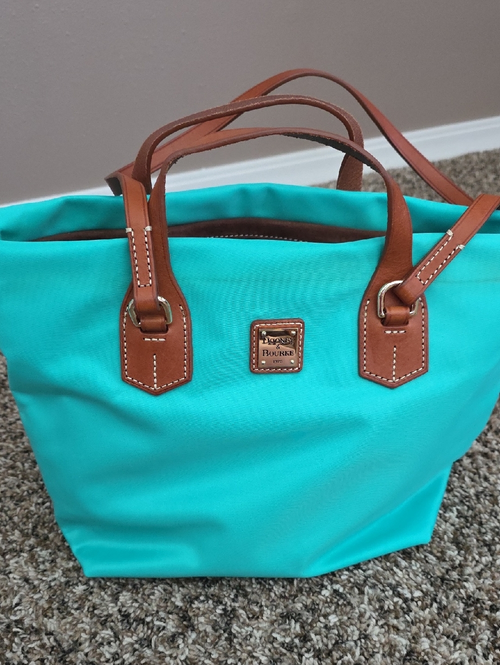 Dooney & Bourke Windham Leighton Tote Bag. Aqua with Brown Leather Trim